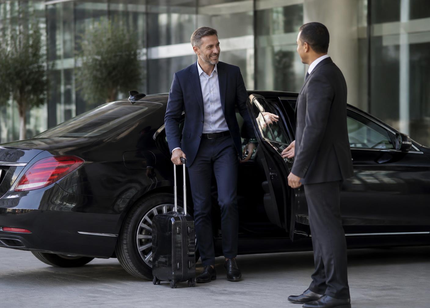 Chauffeur greeting a corporate traveler with luggage beside an executive black sedan