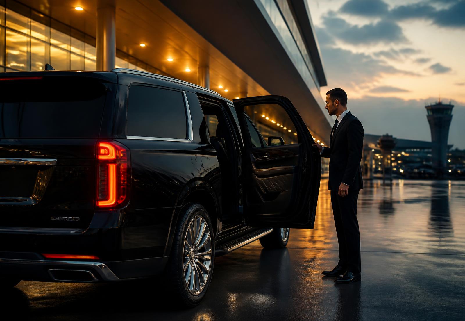 Professional chauffeur opening the door of a black luxury SUV at an airport terminal