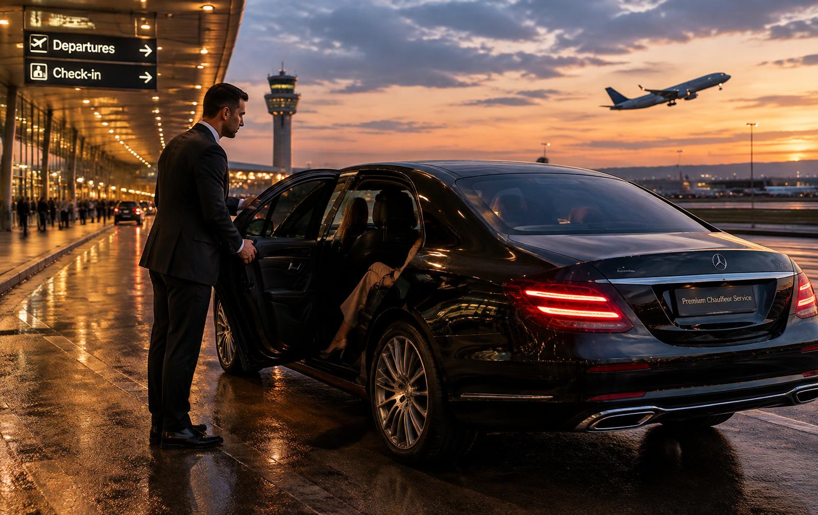 Chauffeur opening the door of a black sedan at an airport terminal